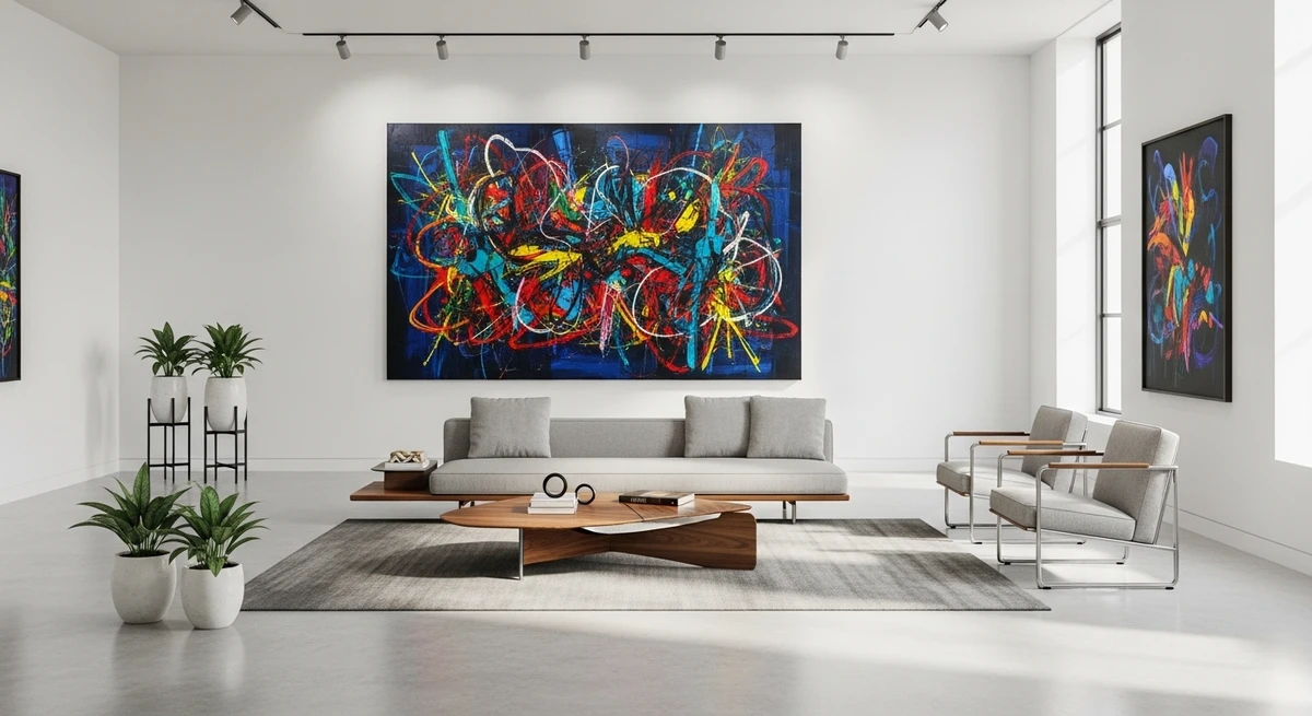 Decoração que é a cara de Áries: sala com arte abstrata vibrante por Imagem gerada por IA