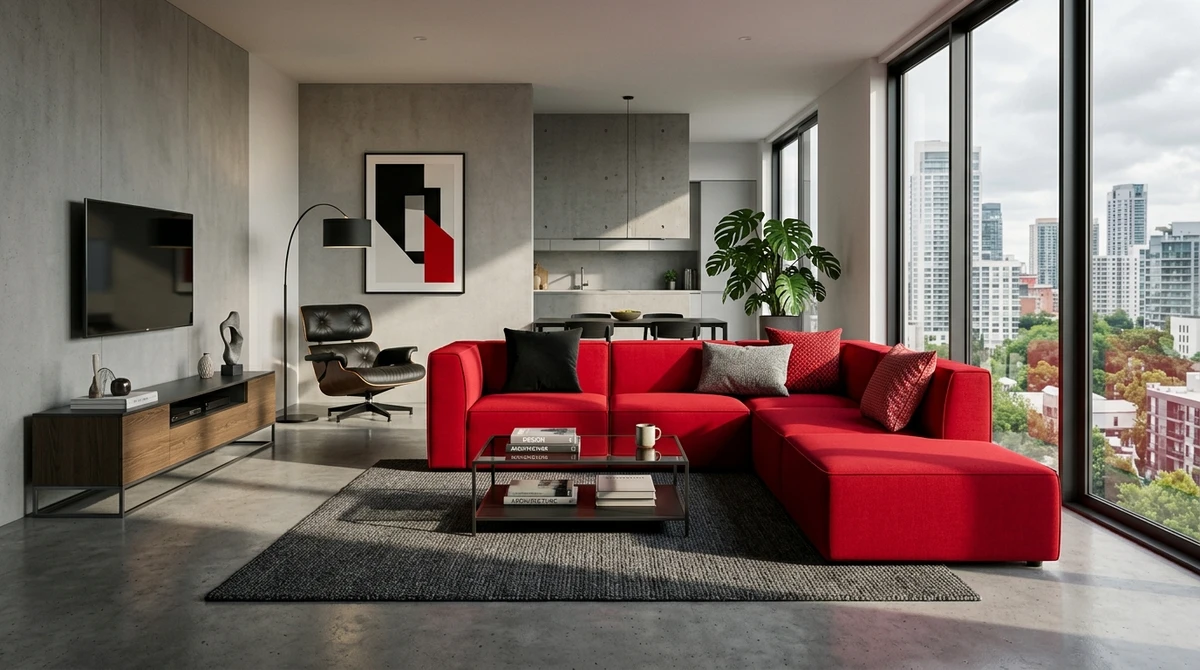 Decoração que é a cara de Áries: sala moderna com sofá vermelho marcante por Imagem gerada por IA