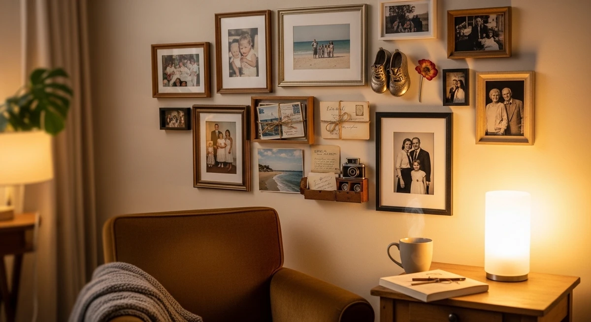 Decoração que é a cara de Câncer: cantinho com fotos e memórias por Imagem gerada por IA