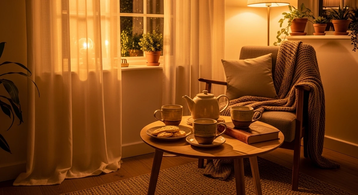 Decoração que é a cara de Câncer: cantinho de chá ou café acolhedor por Imagem gerada por IA