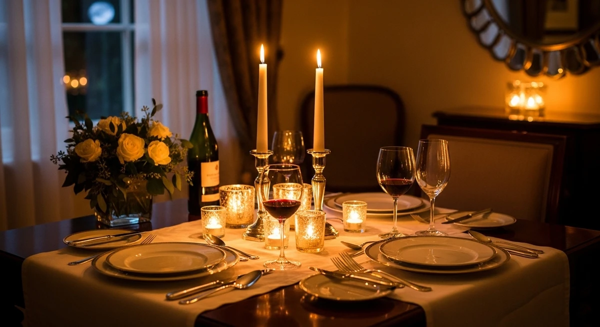 Decoração que é a cara de Câncer: mesa posta para um jantar íntimo por Imagem gerada por IA