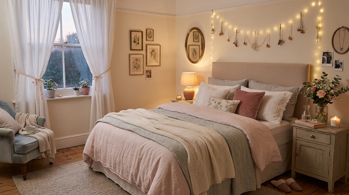 Decoração que é a cara de Câncer: quarto com clima romântico e delicado por Imagem gerada por IA