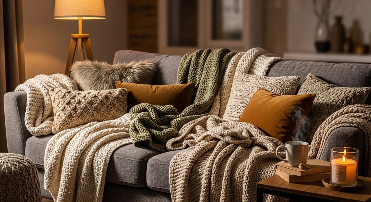 Decoração que é a cara de Câncer: sofá com mantas e almofadas confortáveis por Imagem gerada por IA