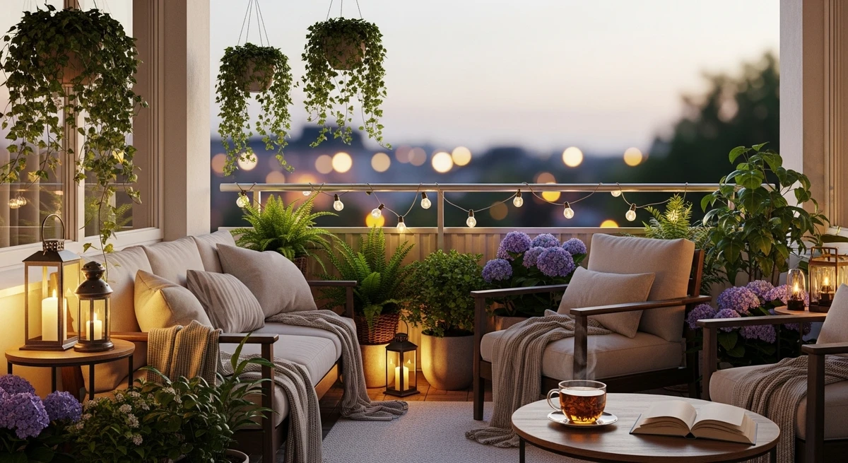 Decoração que é a cara de Câncer: varanda tranquila com plantas por Imagem gerada por IA