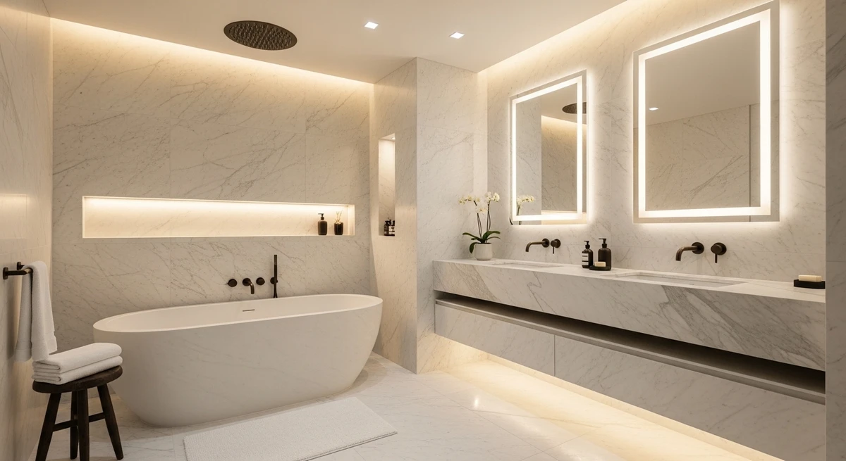 Decoração que é a cara de Capricórnio: banheiro moderno com acabamento refinado por Imagem gerada por IA