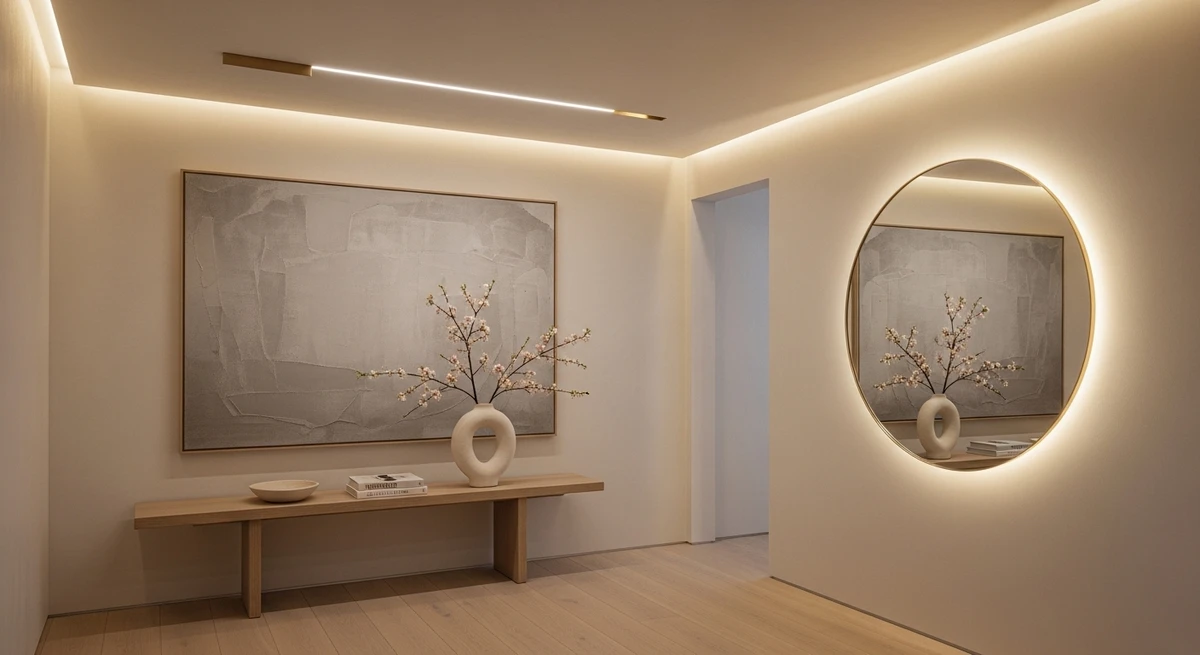 Decoração que é a cara de Capricórnio: hall de entrada discreto e sofisticado por Imagem gerada por IA