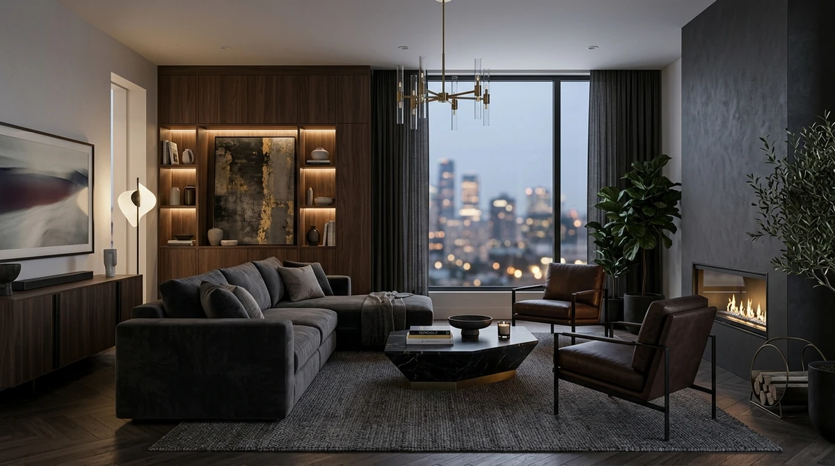 Decoração que é a cara de Capricórnio: sala sofisticada em tons neutros escuros por Imagem gerada por IA