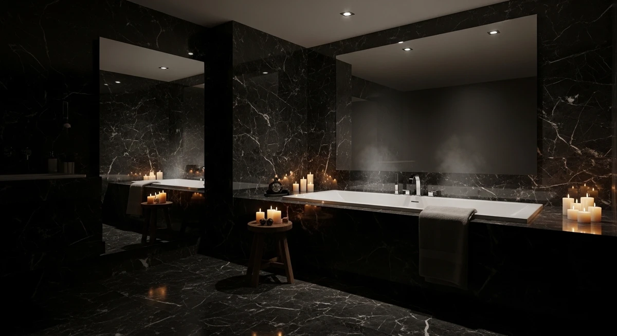 Decoração que é a cara de Escorpião: banheiro luxuoso com iluminação baixa por Imagem gerada por IA