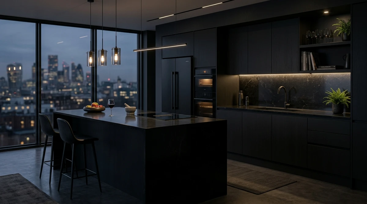 Decoração que é a cara de Escorpião: cozinha moderna com tons escuros por Imagem gerada por IA