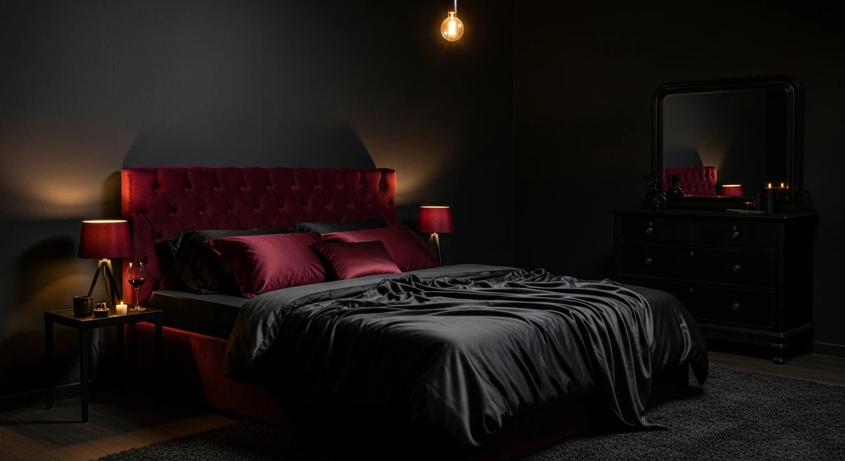 Decoração que é a cara de Escorpião: quarto com tons profundos e clima intimista por Imagem gerada por IA