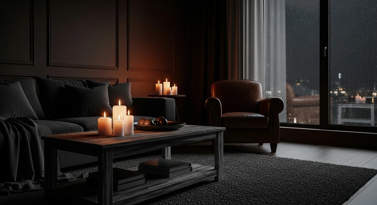 Decoração que é a cara de Escorpião: sala com velas e clima misterioso por Imagem gerada por IA