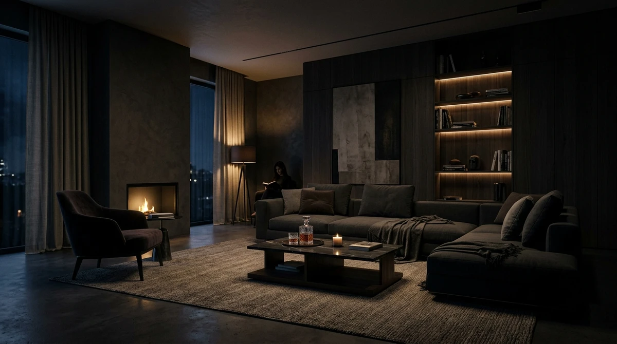 Decoração que é a cara de Escorpião: sala escura com iluminação dramática por Imagem gerada por IA