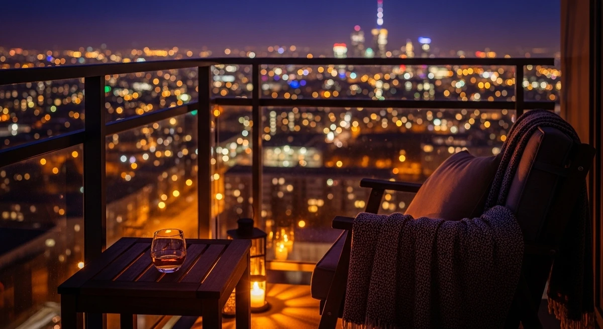 Decoração que é a cara de Escorpião: varanda noturna com iluminação indireta por Imagem gerada por IA