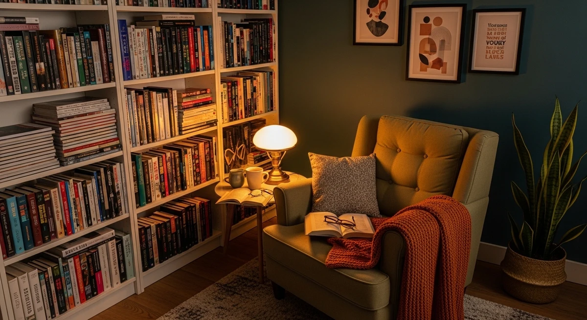 Decoração que é a cara de Gêmeos: cantinho de leitura cheio de livros por Imagem gerada por IA