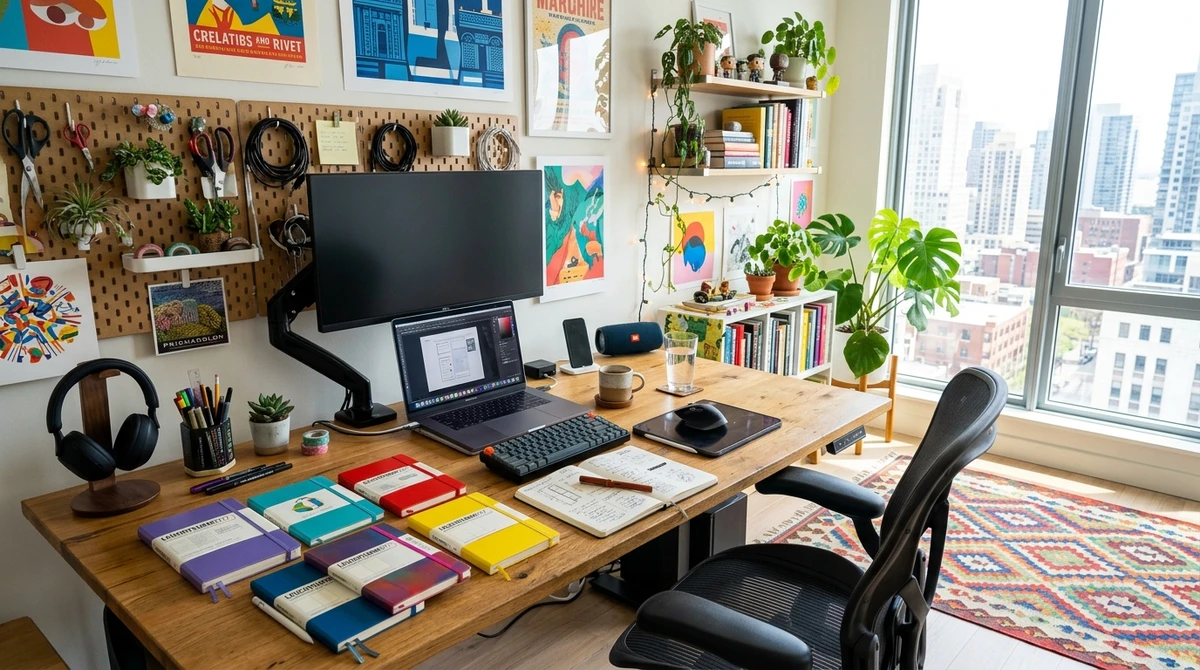 Decoração que é a cara de Gêmeos: home office criativo e inspirador por Imagem gerada por IA