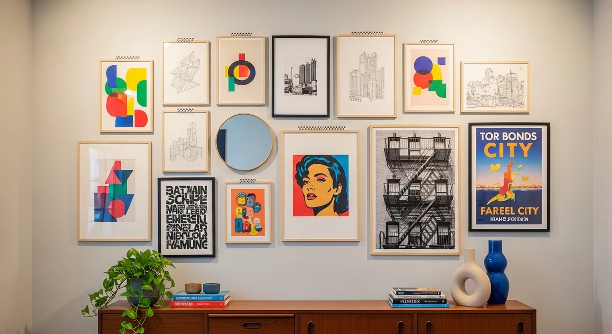 Decoração que é a cara de Gêmeos: parede com galeria de quadros e pôsteres por Imagem gerada por IA