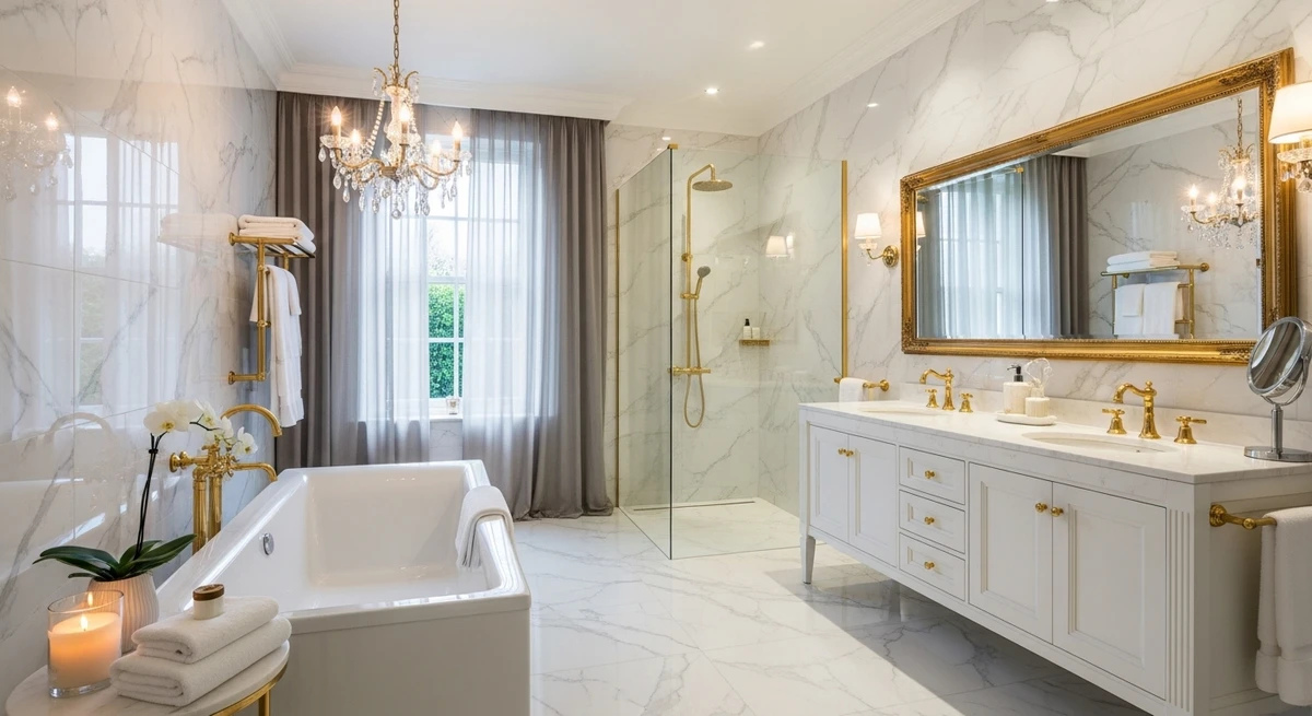 Decoração que é a cara de Leão: banheiro de luxo com banheira elegante por Imagem gerada por IA