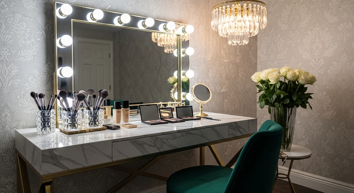 Decoração que é a cara de Leão: cantinho de beleza ou maquiagem sofisticado por Imagem gerada por IA