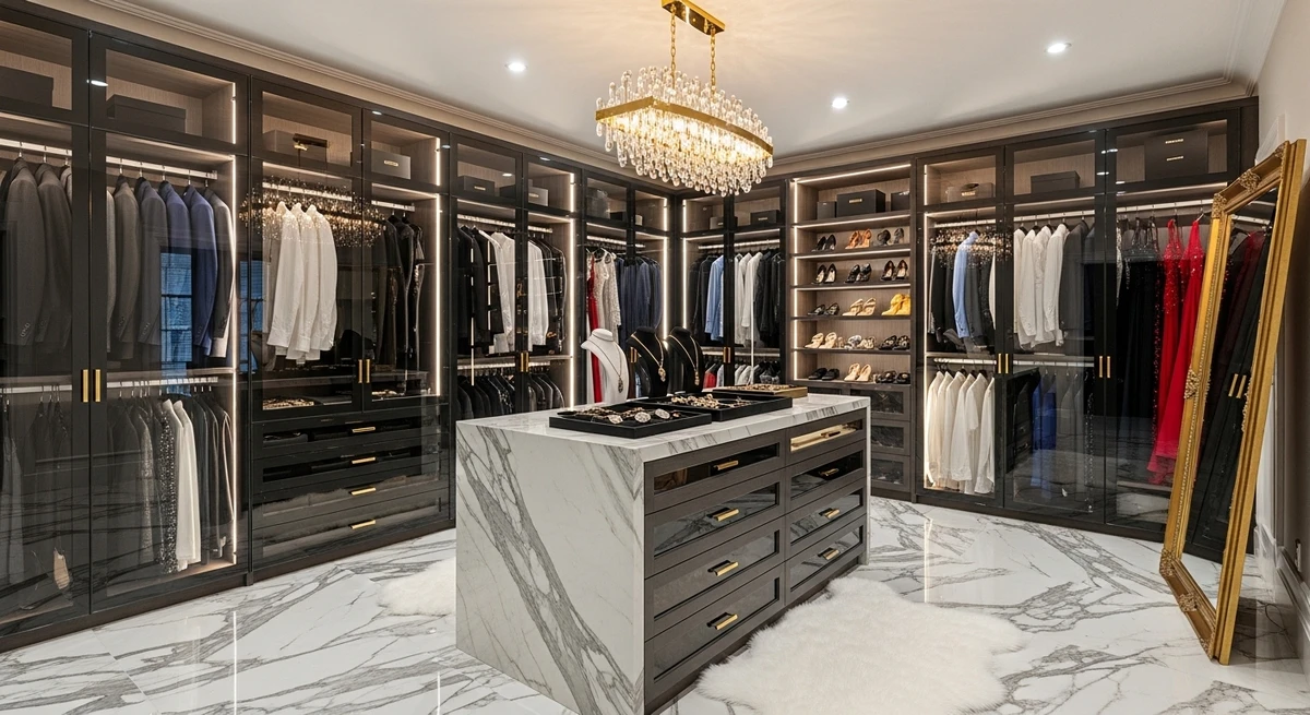 Decoração que é a cara de Leão: closet glamouroso com iluminação perfeita por Imagem gerada por IA