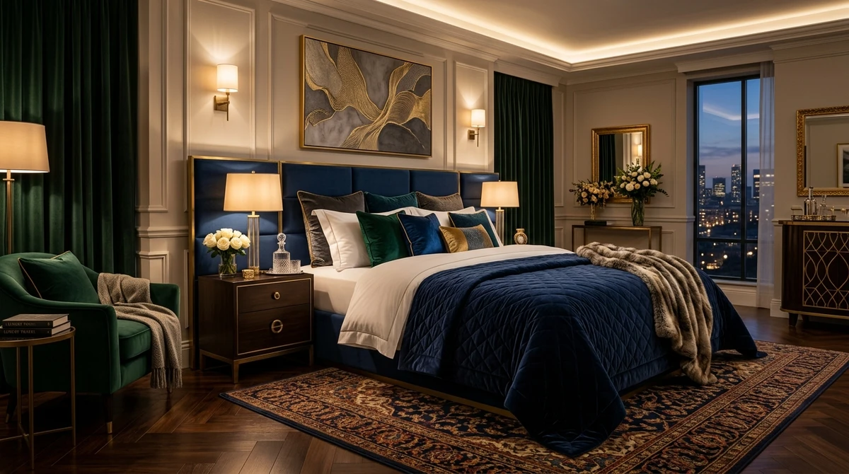 Decoração que é a cara de Leão: quarto sofisticado estilo hotel cinco estrelas por Imagem gerada por IA