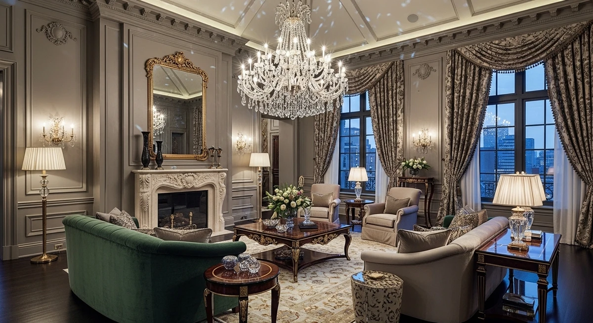 Decoração que é a cara de Leão: sala com lustre imponente e pé-direito alto por Imagem gerada por IA