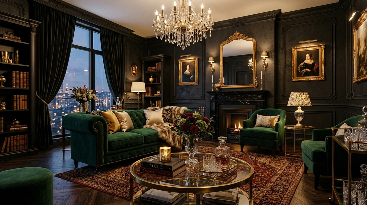 Decoração que é a cara de Leão: sala luxuosa com sofá de veludo e detalhes dourados por Imagem gerada por IA