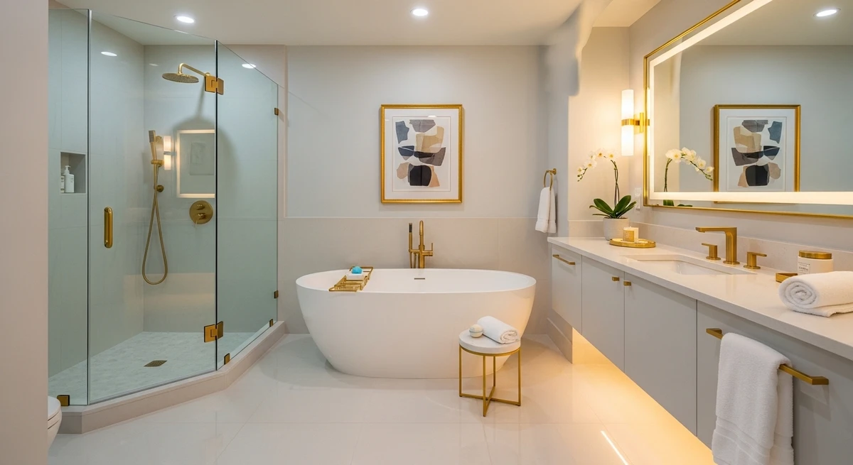 Decoração que é a cara de Libra: banheiro sofisticado com detalhes delicados por Imagem gerada por IA