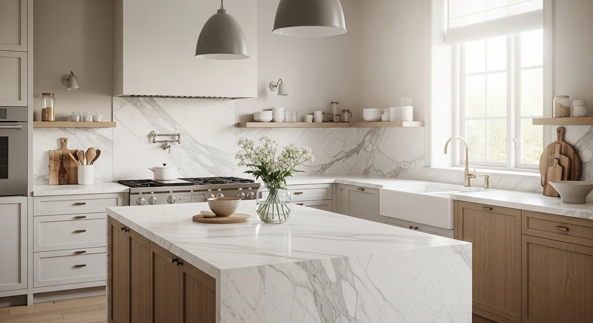 Decoração que é a cara de Libra: cozinha clara e elegante por Imagem gerada por IA