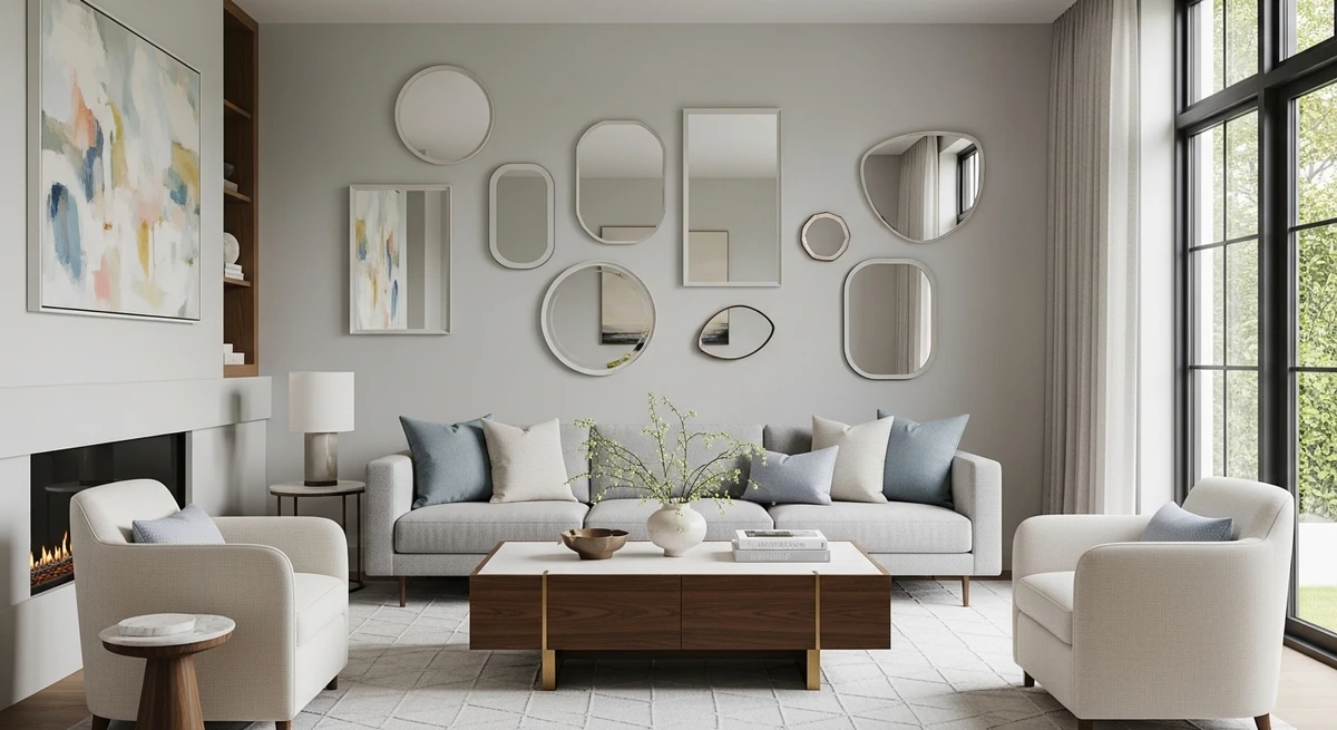 Decoração que é a cara de Libra: sala com espelhos decorativos por Imagem gerada por IA