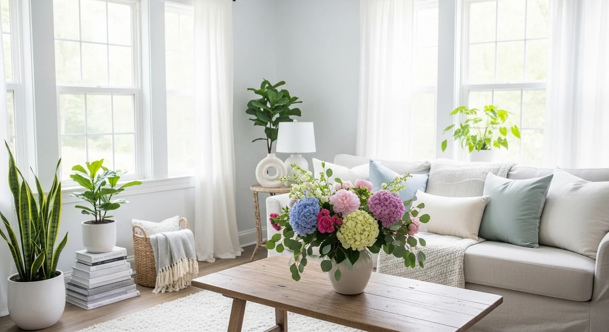Decoração que é a cara de Libra: sala com flores e decoração leve por Imagem gerada por IA