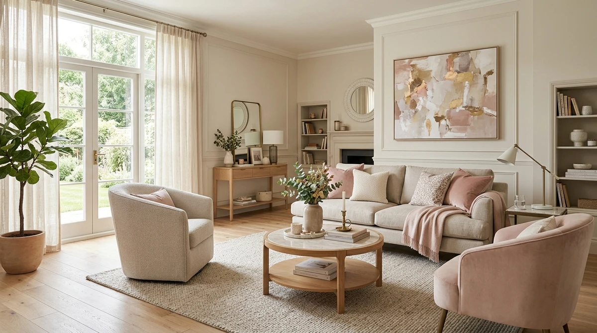 Decoração que é a cara de Libra: sala elegante em tons neutros e rosé por Imagem gerada por IA