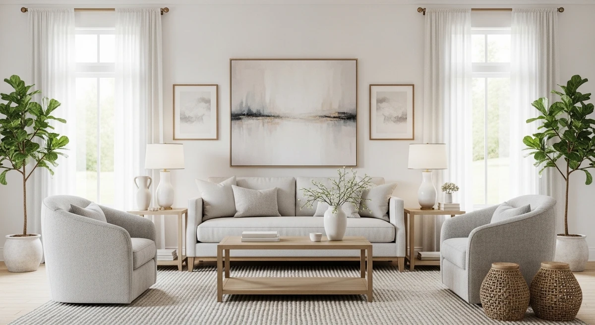 Decoração que é a cara de Libra: sofá claro com decoração harmoniosa por Imagem gerada por IA