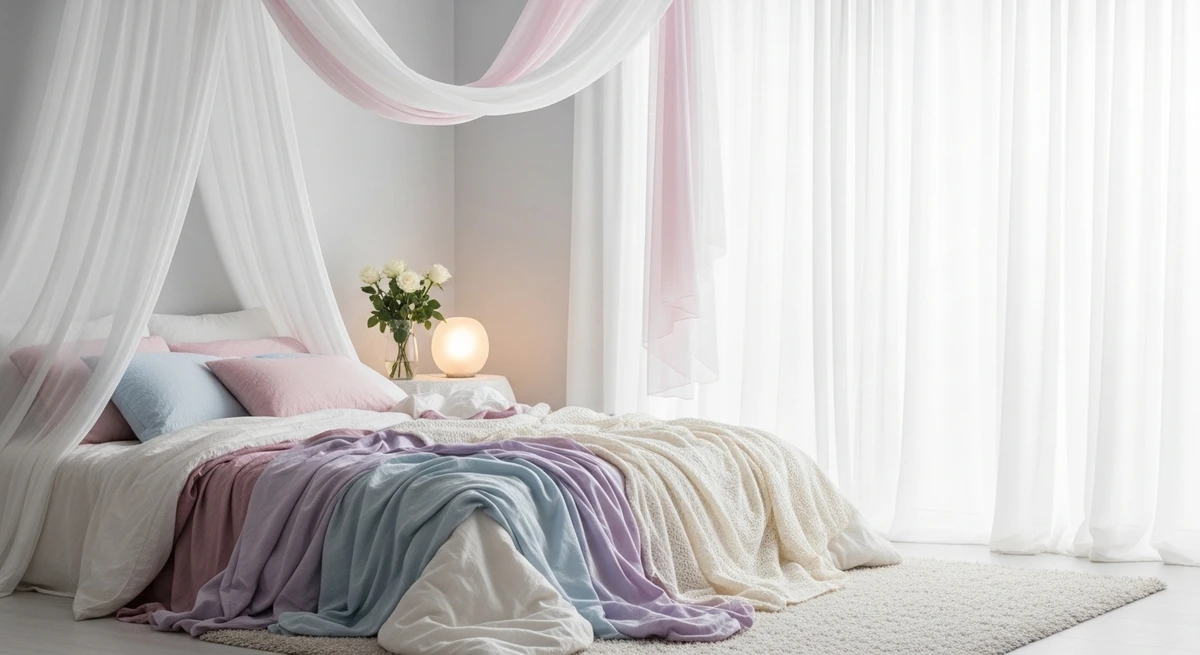 Decoração que é a cara de Peixes: quarto delicado com tecidos leves por Imagem gerada por IA