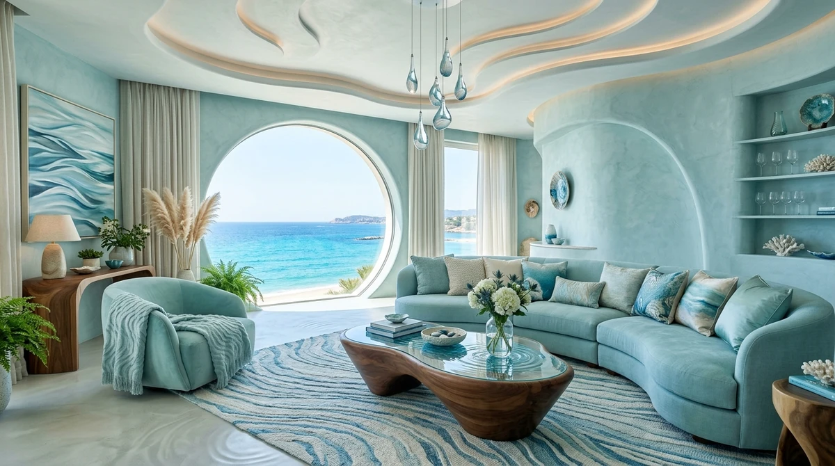 Decoração que é a cara de Peixes: sala com elementos aquáticos e fluidos por Imagem gerada por IA