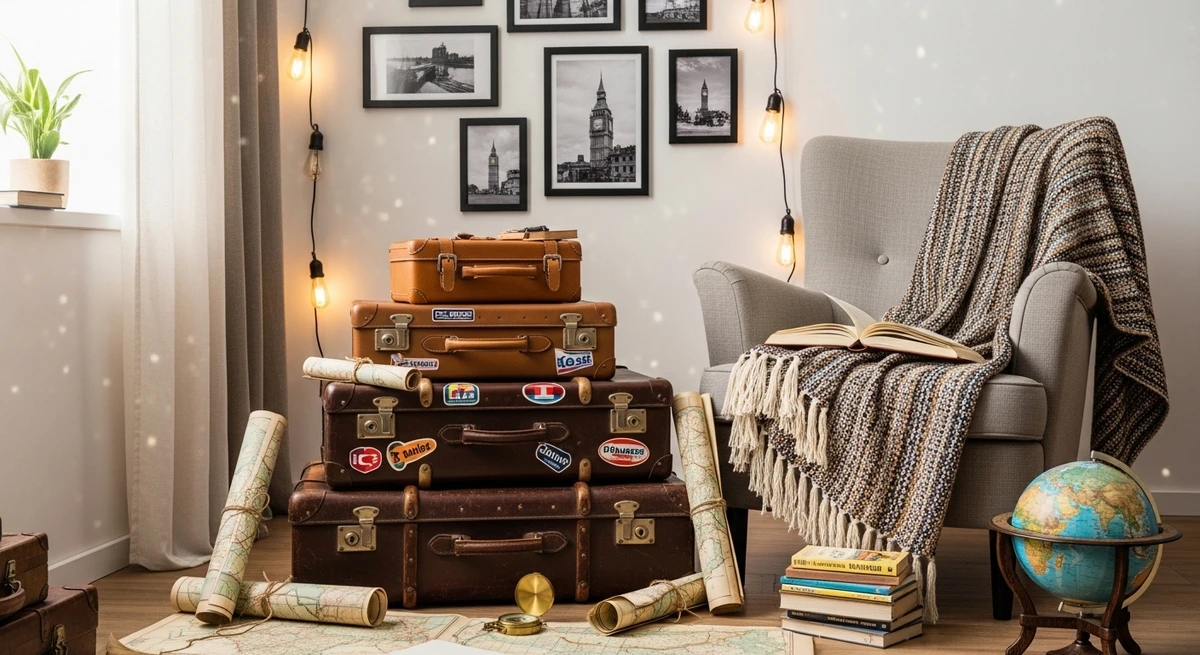 Decoração que é a cara de Sagitário: cantinho com malas e itens de viagem por Imagem gerada por IA