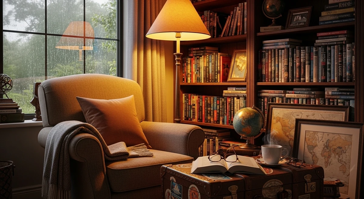 Decoração que é a cara de Sagitário: cantinho de leitura com vibe exploradora por Imagem gerada por IA