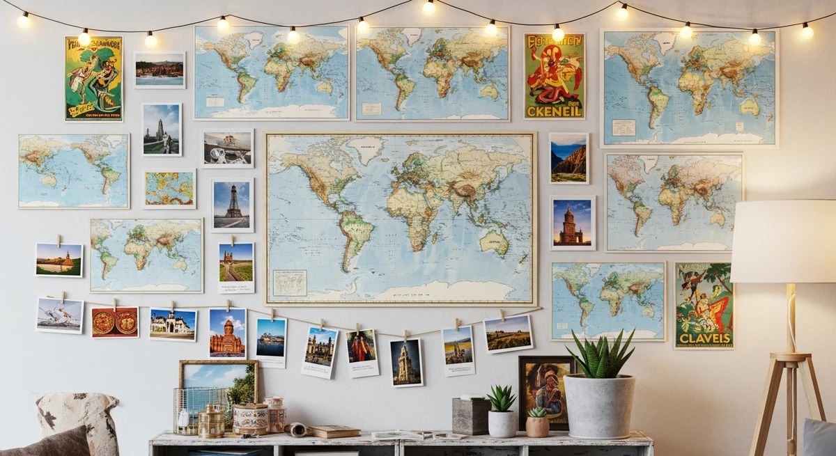 Decoração que é a cara de Sagitário: parede com mapas e referências do mundo por Imagem gerada por IA