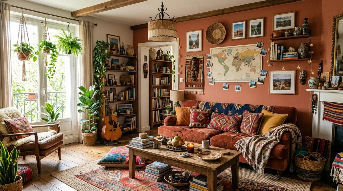 Decoração que é a cara de Sagitário: sala com vibe boho e objetos de viagem por Imagem gerada por IA