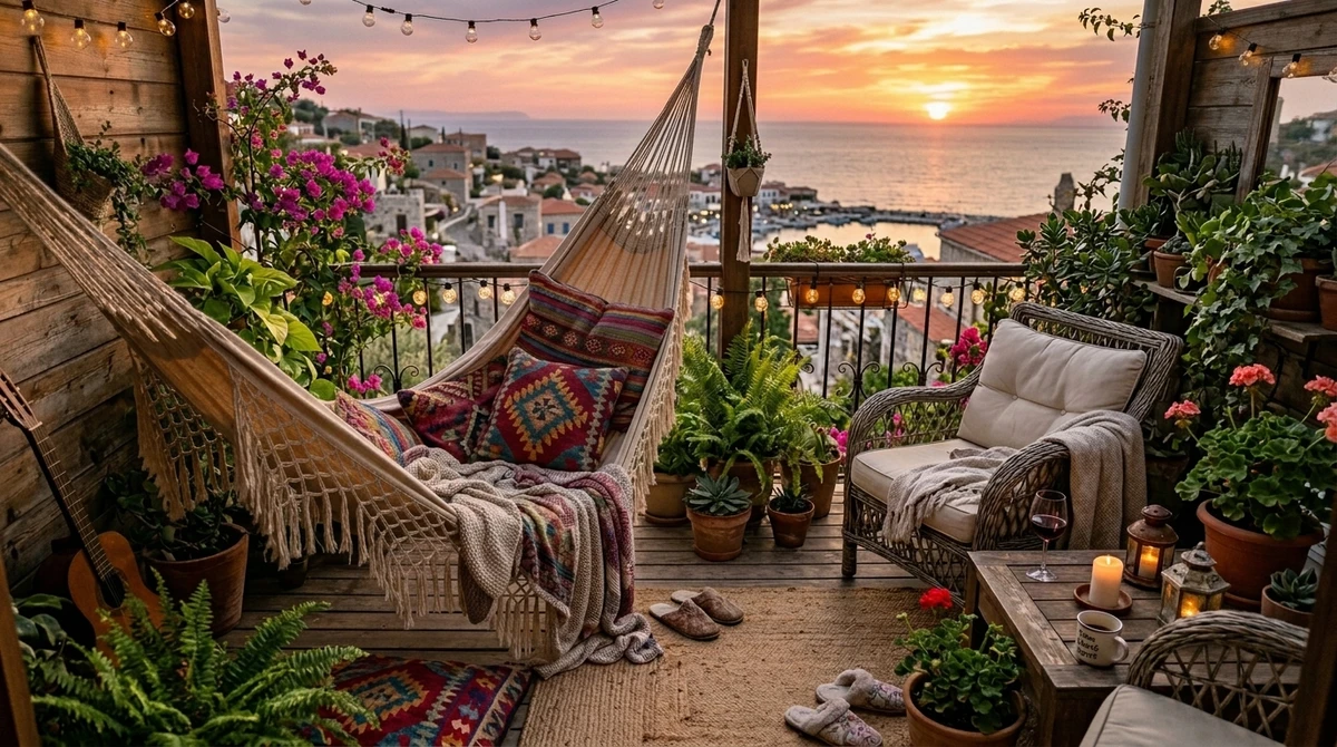 Decoração que é a cara de Sagitário: varanda com rede e clima descontraído por Imagem gerada por IA