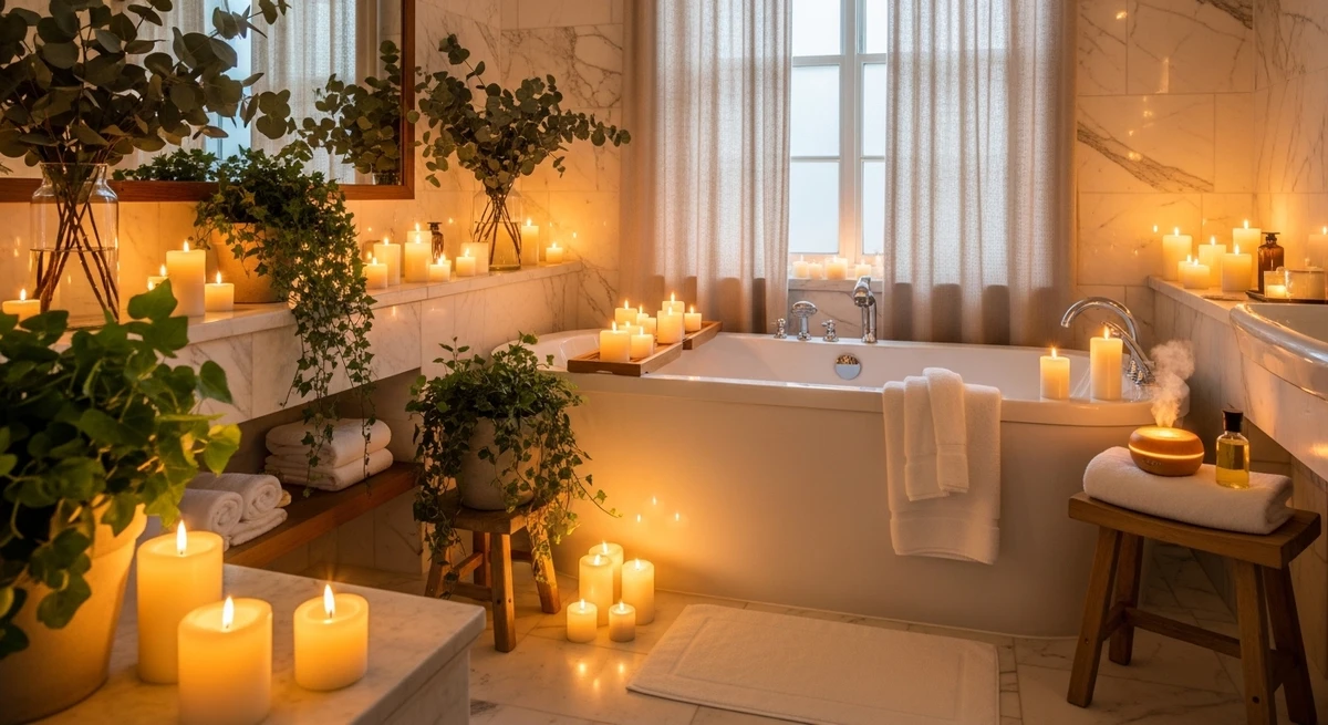 Decoração que é a cara de Touro: banheiro estilo spa com velas e plantas por Imagem gerada por IA