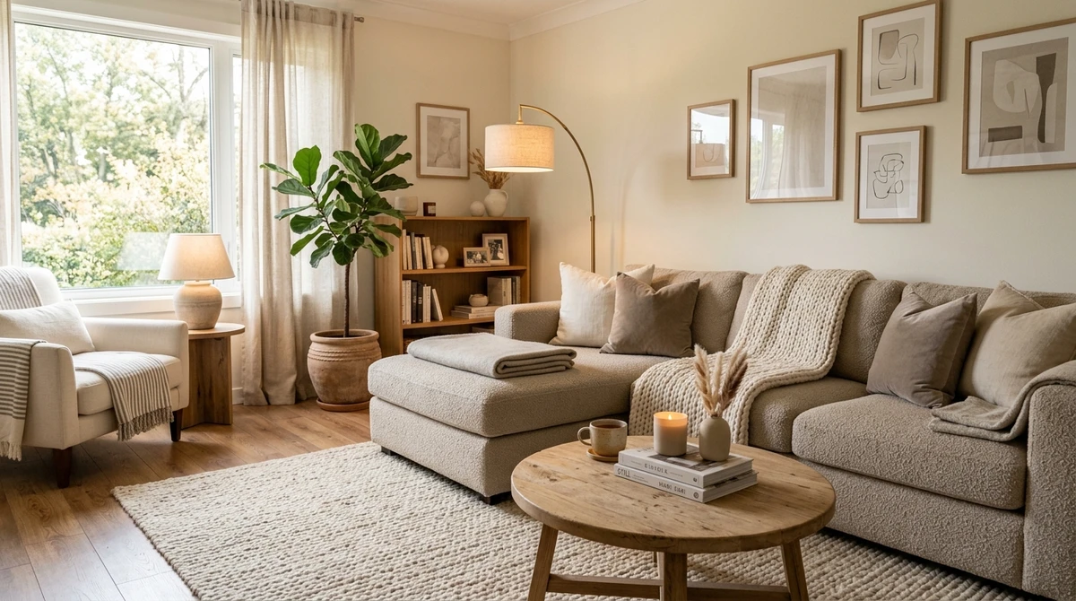 Decoração que é a cara de Touro: sala aconchegante com tons neutros e naturais por Imagem gerada por IA