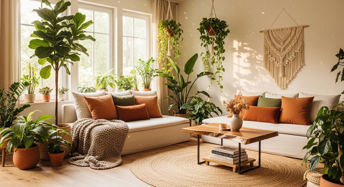 Decoração que é a cara de Touro: sala com plantas e elementos naturais por Imagem gerada por IA