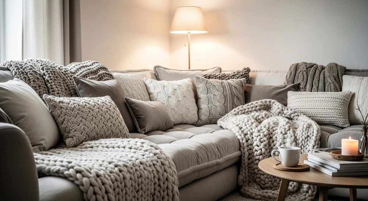 Decoração que é a cara de Touro: sofá grande com mantas e almofadas por Imagem gerada por IA