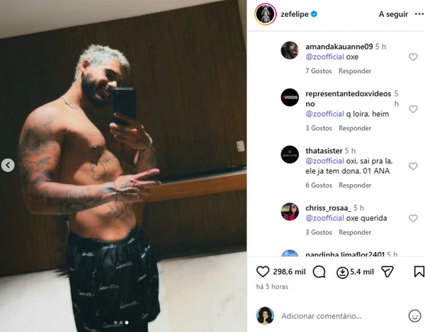 Foto de Zé Felipe ganhou comentário de Zoo, ex de Christian Figueiredo por Reprodução/Instagram