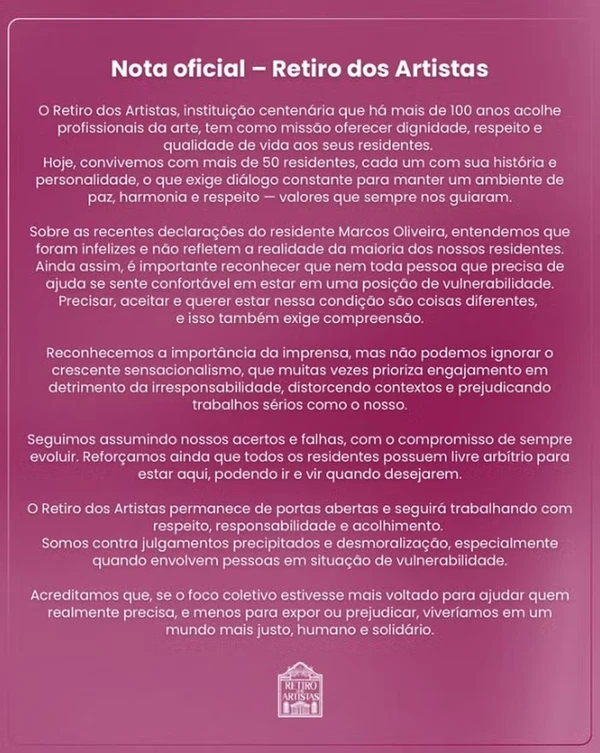 Retiro dos Artistas se pronunciou após críticas de Marcos Oliveira, o Beiçola