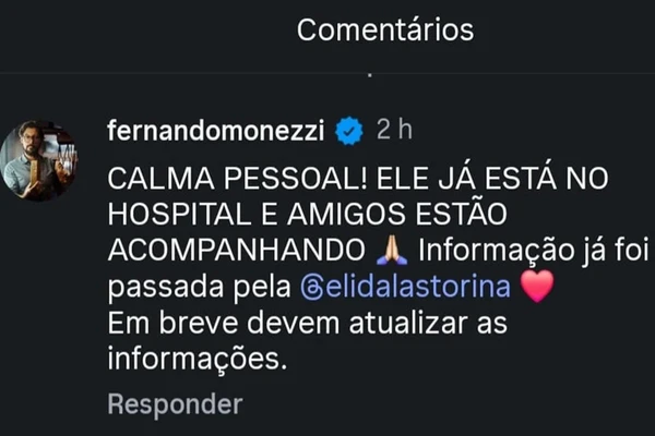 Ator e dublador Clecio Souto é socorrido após publicação preocupar fãs nas redes sociais por Reprodução/Redes Sociais 