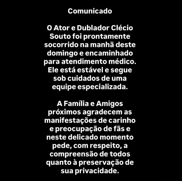 Ator e dublador Clecio Souto é socorrido após publicação preocupar fãs nas redes sociais por Reprodução/Redes Sociais 