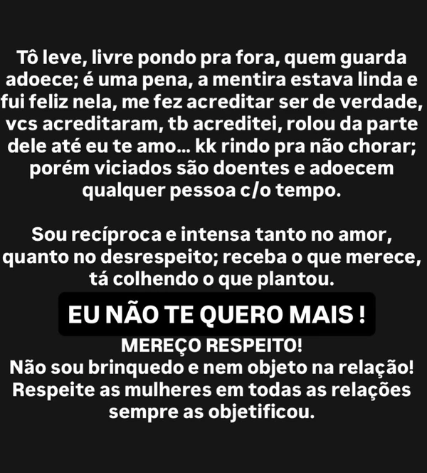 Desabafo de Quitéria Chagas sobre término com empresário por Reprodução/Instagram