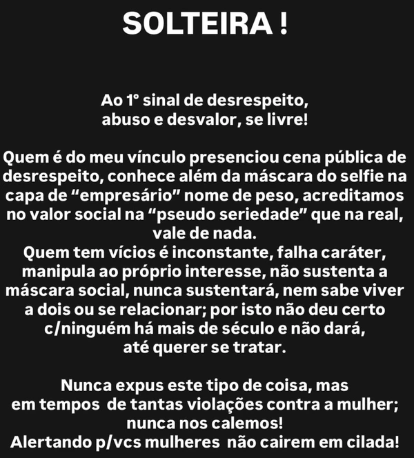 Desabafo de Quitéria Chagas sobre término com empresário por Reprodução/Instagram