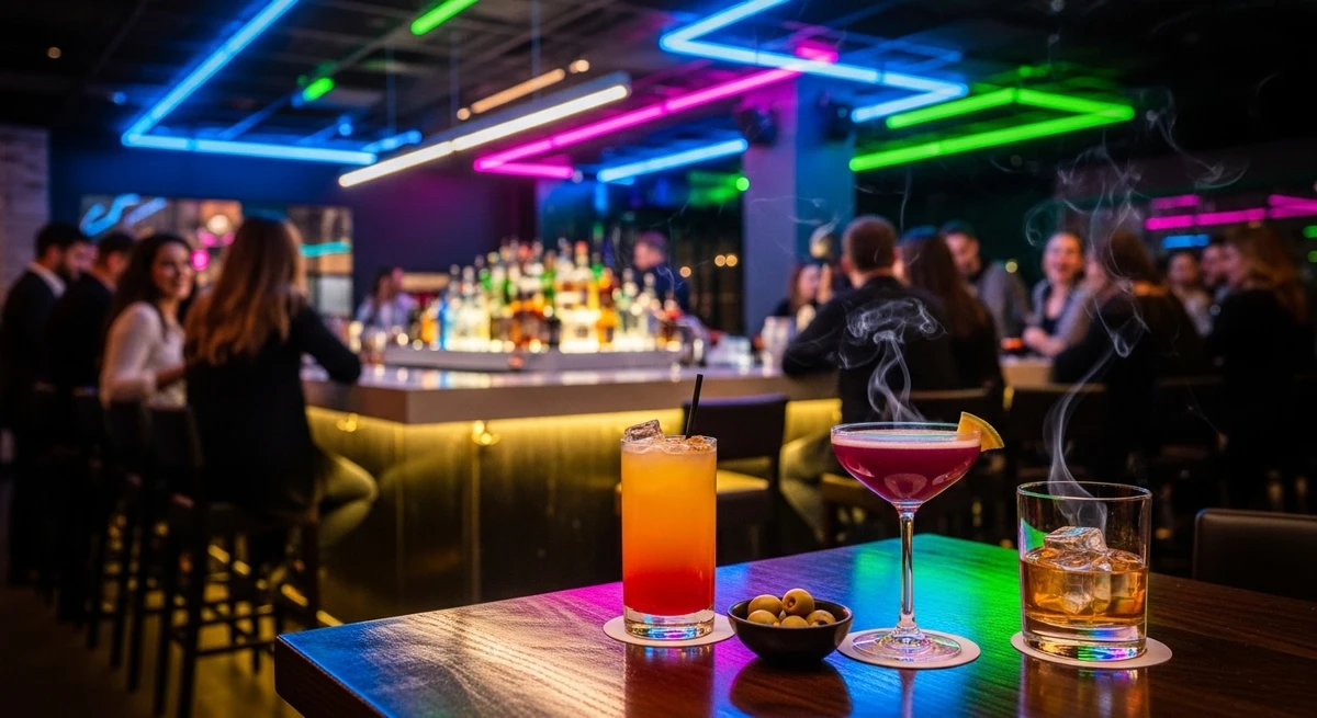 O date perfeito para Áries: bar animado com iluminação intensa por Imagem gerada por IA